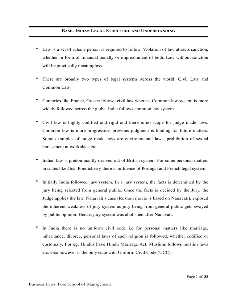 Indian Legal Structure & Contract Law Course Material