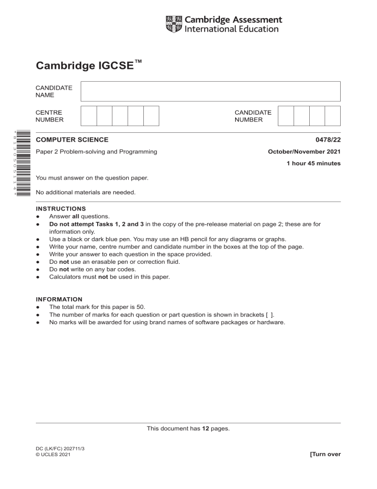 Cambridge IGCSE Computer Science Exam Paper 0478/22