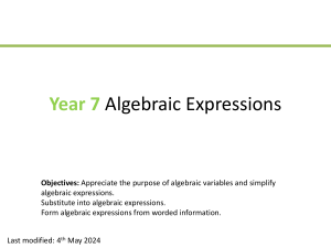 Year 7 Algebraic Expressions Presentation