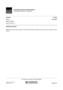 Science Mark Scheme: Cambridge Secondary 1 Checkpoint