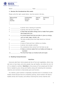 Nutrition Worksheet: Vocab & Reading Comprehension