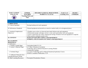 Grade 7 Cookery Lesson Plan: Kitchen Tool Storage