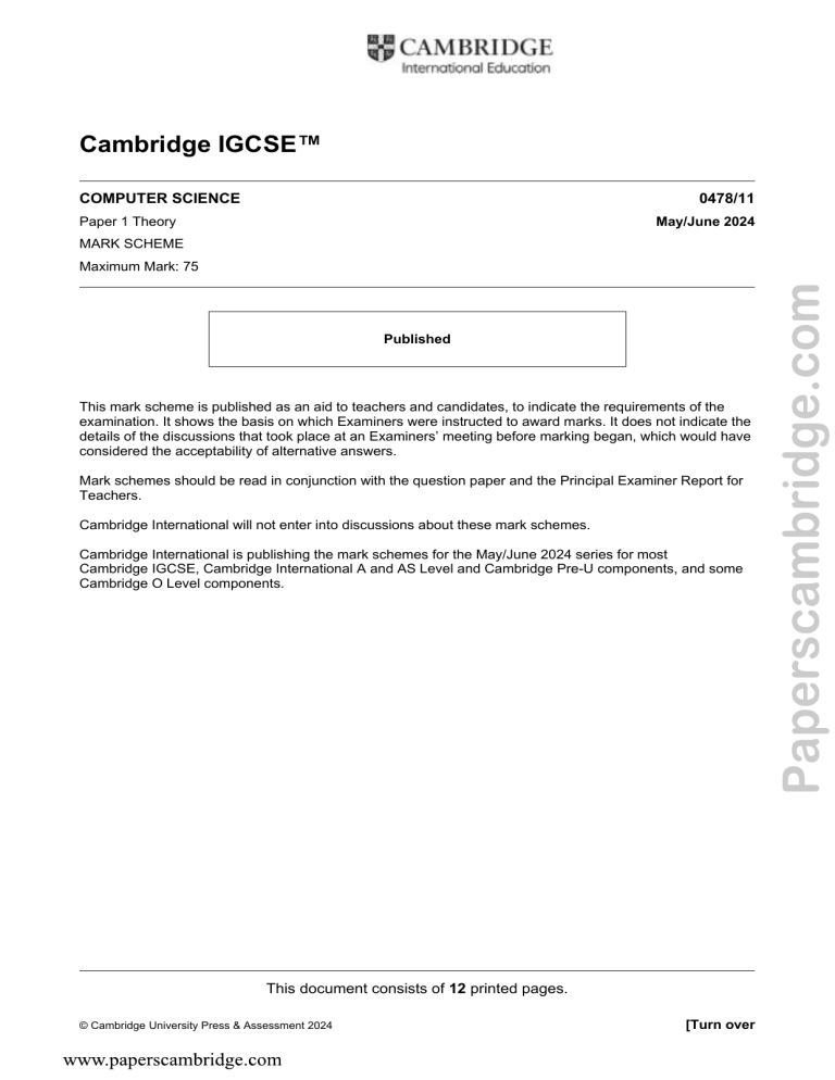Cambridge IGCSE Computer Science Mark Scheme 0478/11