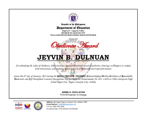 Obedience Award Certificate for Jeyvin B. Dulnuan