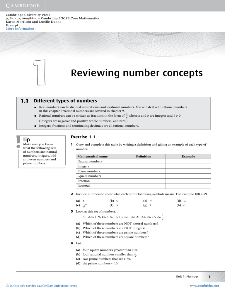 Number Concepts Review: IGCSE Core Math Excerpt