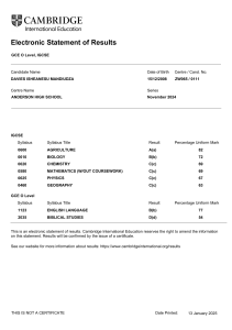 IGCSE & GCE O Level Results for DAVIES ISHEANESU MANDIUDZA