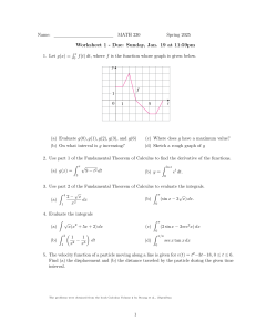 Calculus Worksheet: Fundamental Theorem, Integrals, Particle Motion