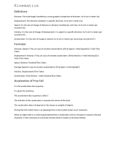 Kinematics Definitions and Formulas