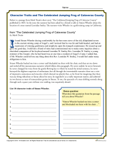 Character Traits Worksheet: Jumping Frog of Calaveras County