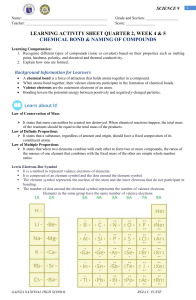 Chemical Bonds & Naming Compounds Activity Sheet