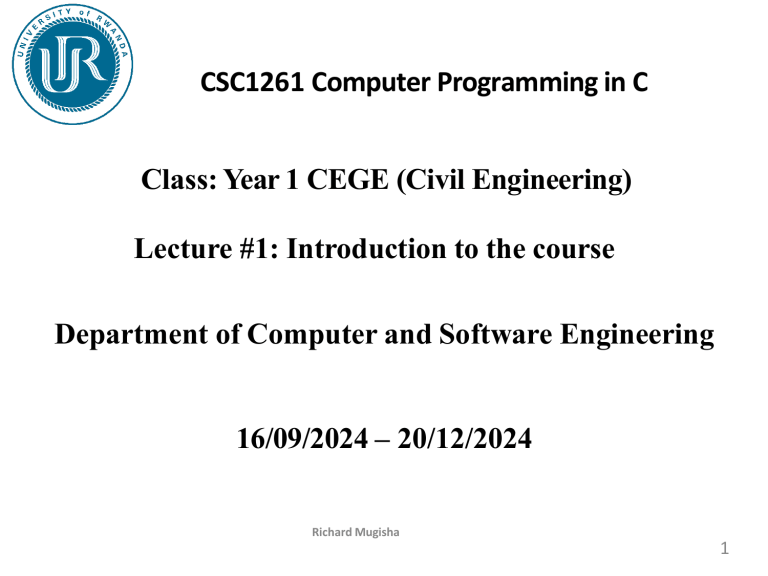 CSC1261 Computer Programming in C Course Intro