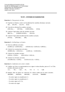 TD N°1: Systèmes de numération, arithmétique binaire