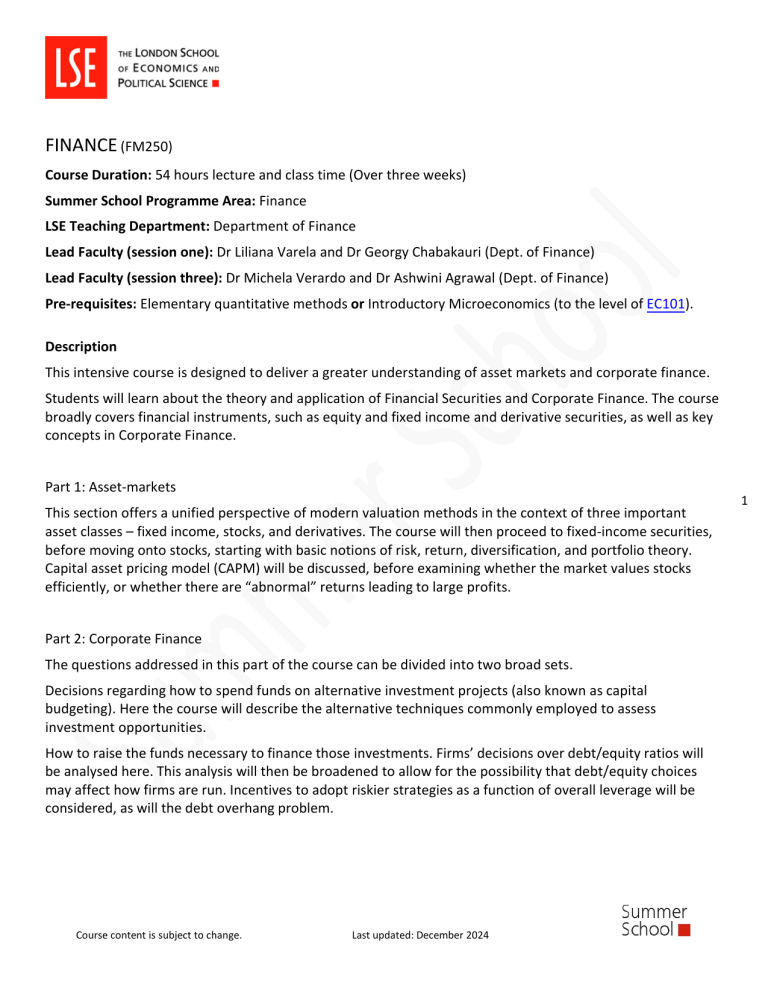 Financial Course Lse Finance Course Syllabus (FM250) LSE