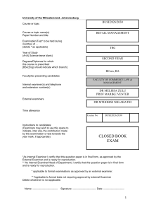 Retail Management Exam Paper - University of the Witwatersrand