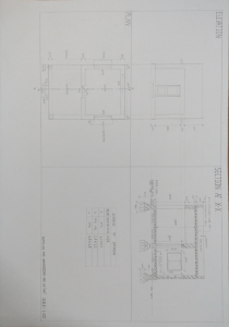 Rysunek techniczny budynku: plan, elewacja, przekrój