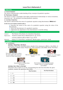 Math 9 Lesson Plan: Quadratic Roots & Discriminant