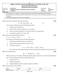 ECON F215 Mid-Semester Exam: Computational Methods