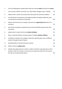 Economics Exam Questions: Needs, Scarcity, Production