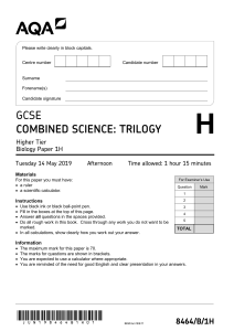 GCSE Biology Exam Paper: Higher Tier - Human Biology & More