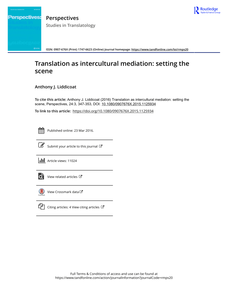 Translation as Intercultural Mediation: Setting the Scene