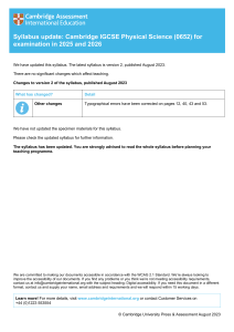 IGCSE Physical Science (0652) Syllabus Update 2025-2026