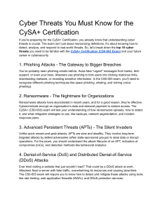 CySA+ Certification: Top 10 Cyber Threats Study Guide