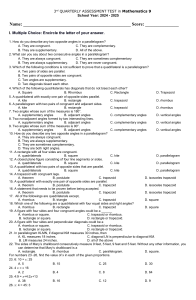 Mathematics 9: Quadrilaterals & Proportions Assessment Test