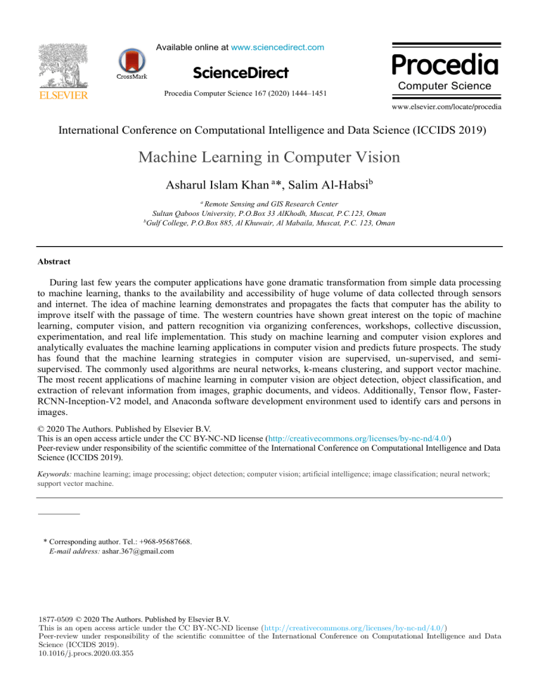 Machine Learning in Computer Vision: ICCIDS 2019
