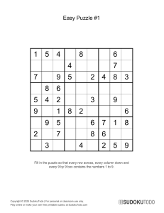 Easy Sudoku Puzzle #1 with Solution