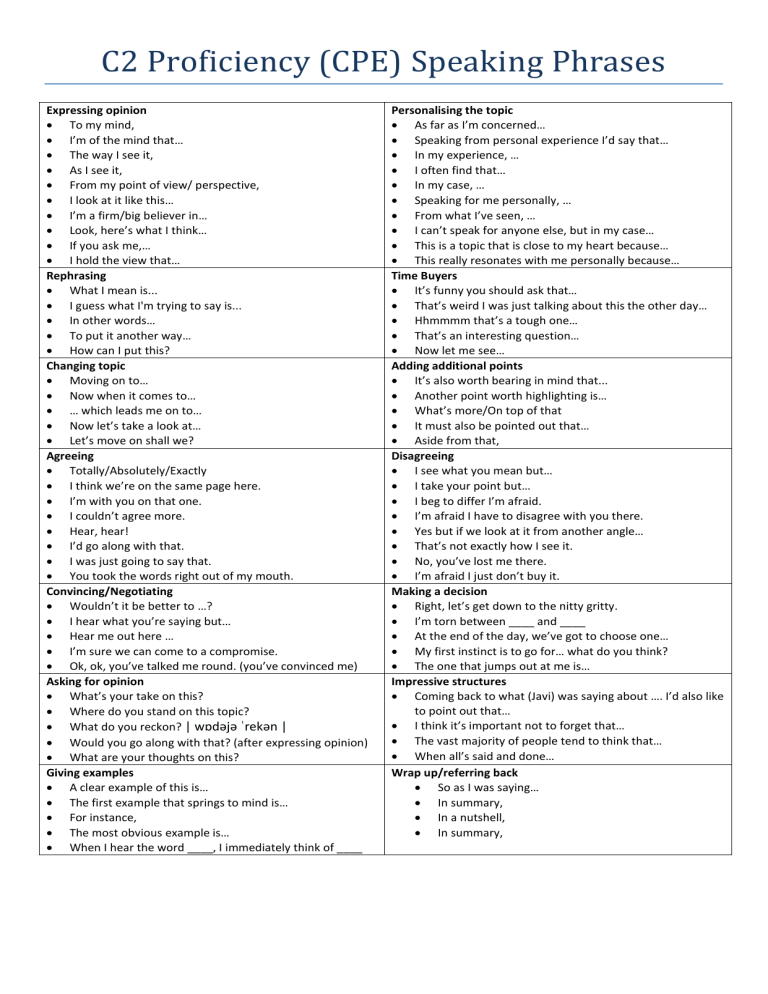 C2 Proficiency (CPE) Speaking Phrases for Fluency