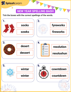 New Year Spelling Worksheet for Kids