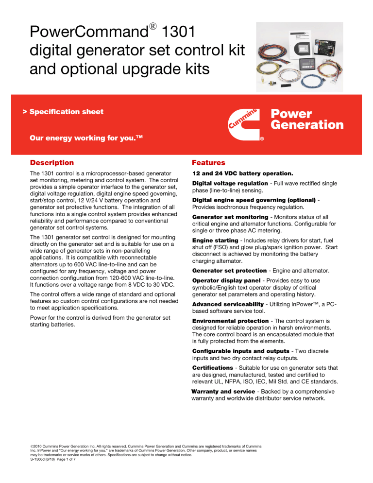 PowerCommand 1301 Generator Set Control Kit - Features & Specs