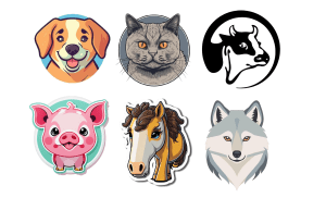 Animal Illustrations: Dog, Cat, Cow, Pig, Horse, Wolf