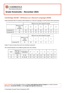 IGCSE Afrikaans Grade Thresholds - Nov 2024