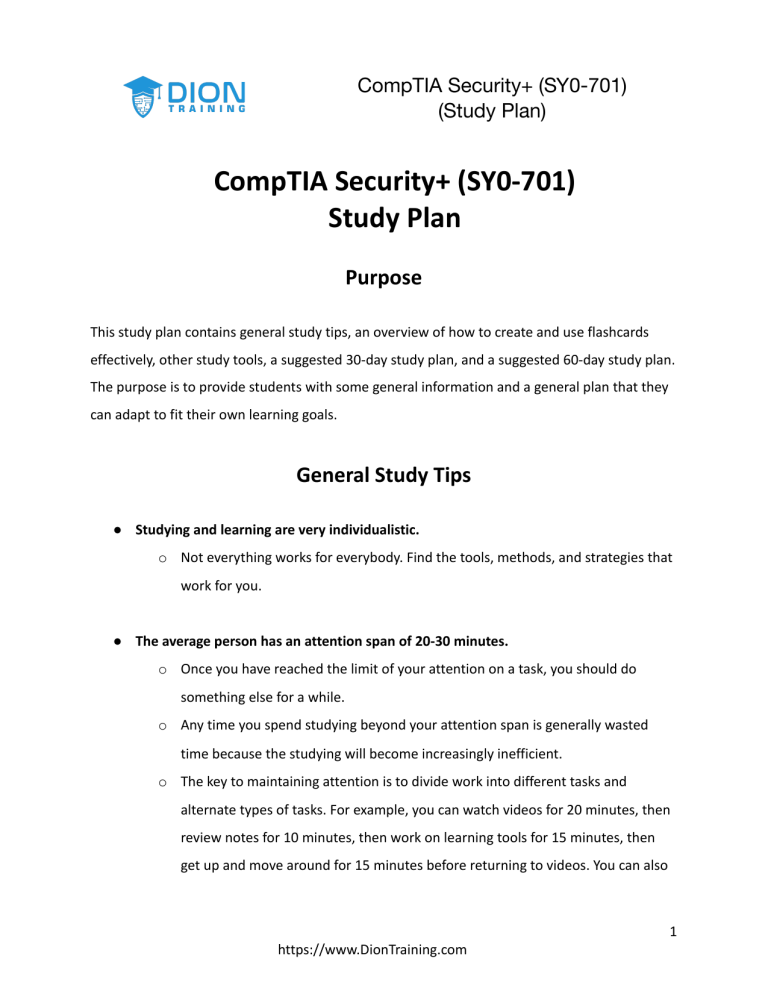 CompTIA Security+ SY0-701 Study Plan