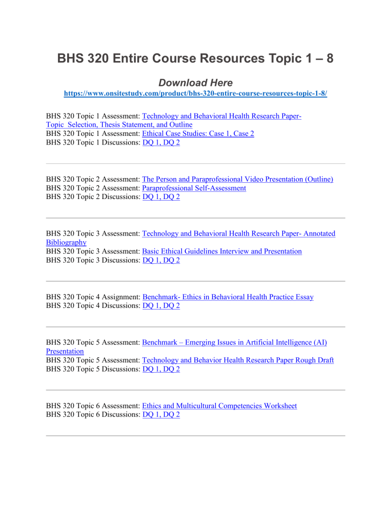 BHS 320 Course Resources Topics 18