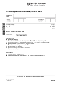 Cambridge Checkpoint Math Exam Paper 2 (April 2021)