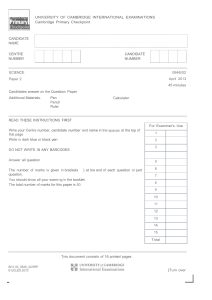 Cambridge Primary Science Checkpoint Exam Paper - April 2013