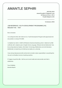 Youth Development Programme Cover Letter - Amantle Sephiri