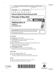 Edexcel GCSE Maths A Paper 1F (Foundation) - May 2024