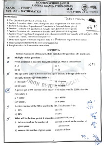 Class 8 Mathematics Exam Paper - Modern School Jaipur