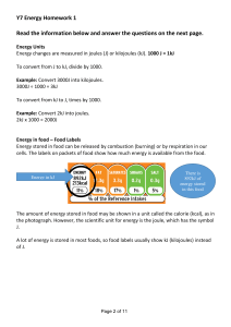 Y7 Energy Homework: Units, Food, Stores & Efficiency