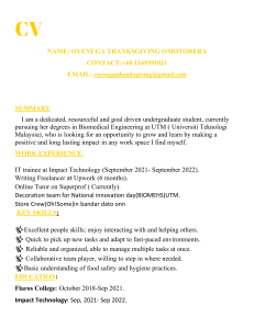 Biomedical Engineering Student CV - Oyenuga Omotorera