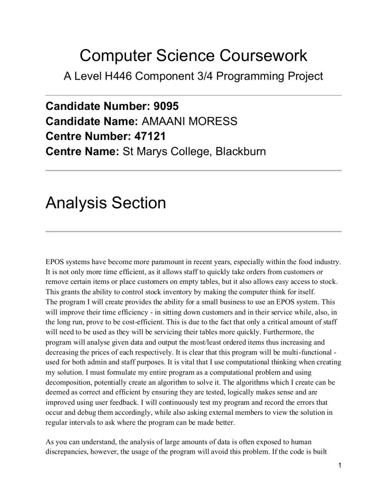 Computer Science EPOS System Coursework