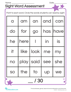 Sight Word Assessment Worksheet for Elementary School