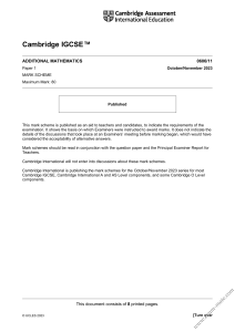 IGCSE Additional Mathematics 0606/11 Mark Scheme Oct/Nov 2023