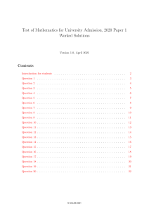Test of Mathematics Admission 2020 Paper 1 Worked Solutions