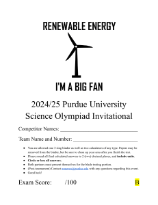 Wind Energy Science Olympiad Exam - Purdue Invitational