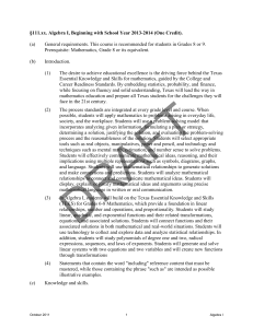 Texas Algebra I Curriculum Standards (2013-2014)