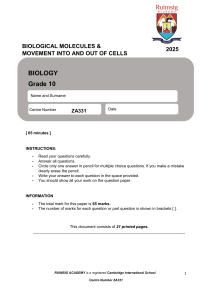 Grade 10 Biology Exam: Biological Molecules & Cell Transport